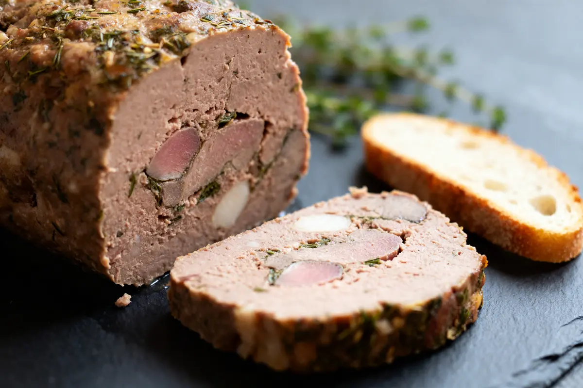 Terrine de sanglier de ma grand-mère tranchée avec pain et herbes aromatiques