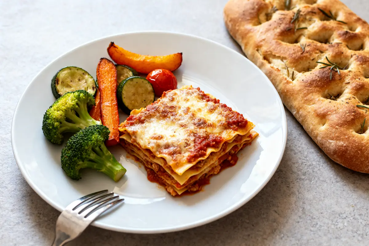 Assiette de lasagnes avec accompagnement pour lasagnes de légumes rôtis et focaccia au romarin