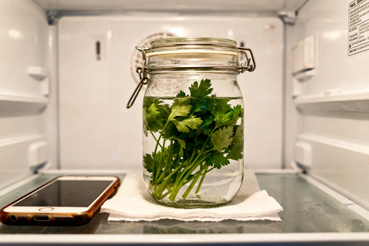 Bocal contenant du persil frais dans un réfrigérateur illustrant comment conserver du persil frais