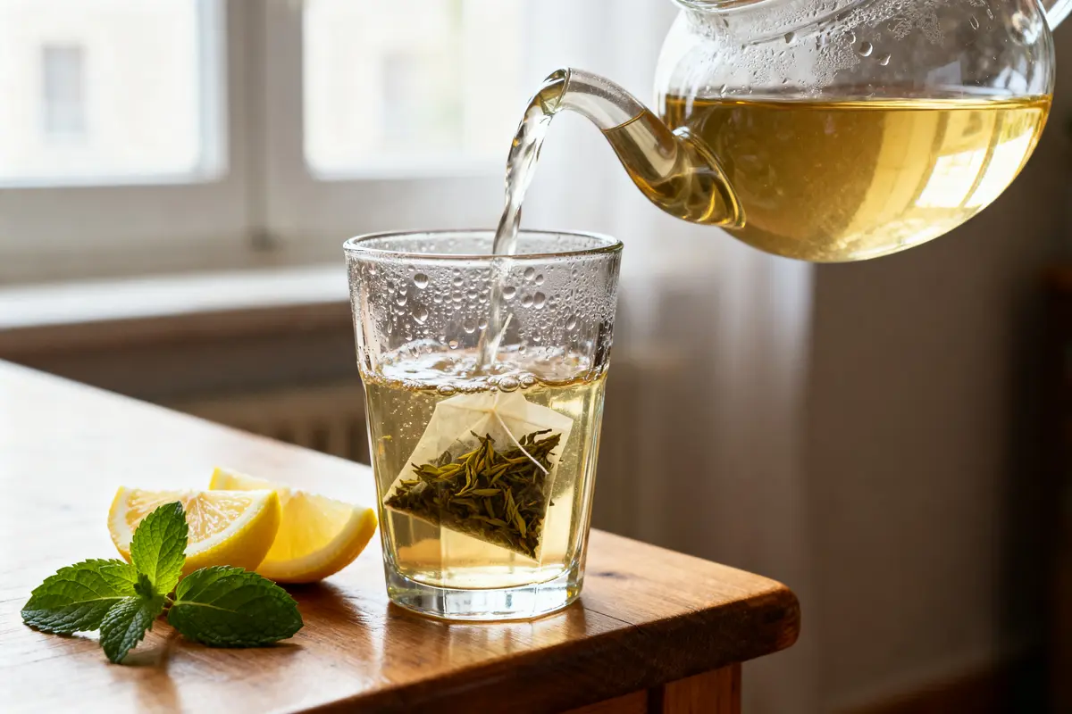 Versement de thé dans un verre avec citron et menthe pour comment faire du thé glacé