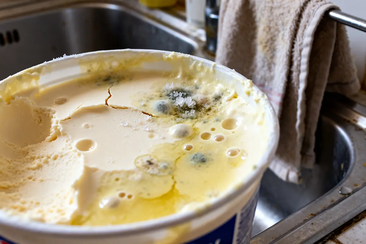 Pot de crème fraîche périmée avec moisissures visible près de l'évier de cuisine
