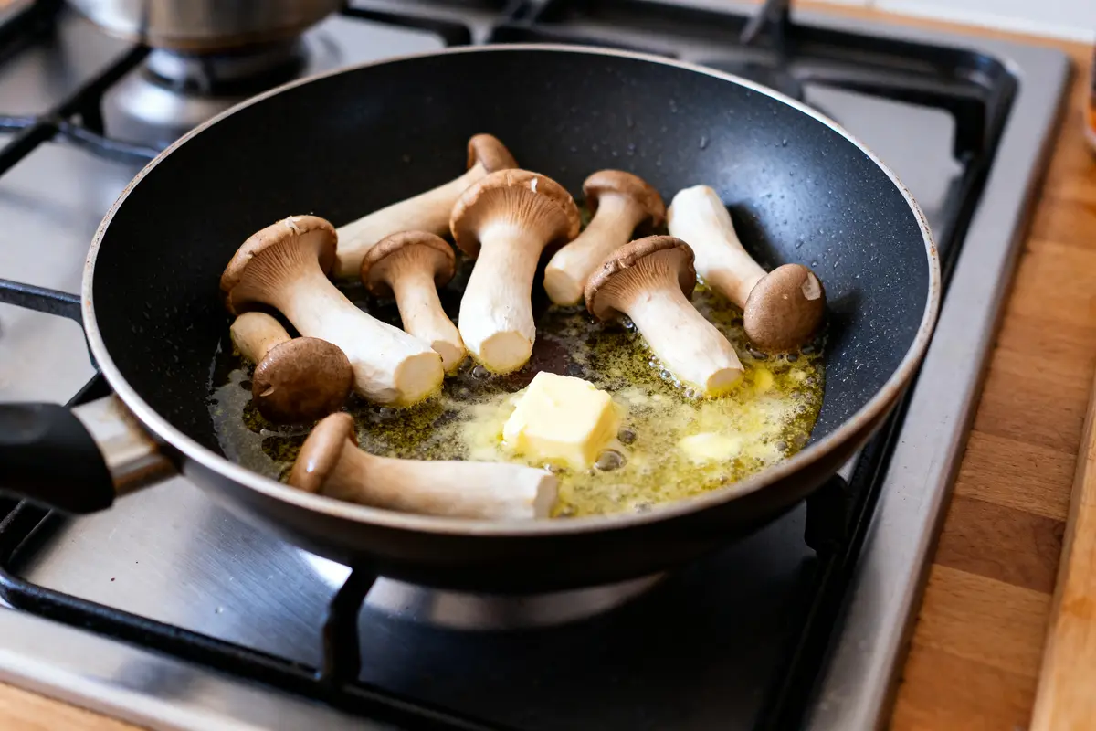 Champignons et beurre fondant dans poêle pour cuire des trompettes-de-la-mort à la perfection