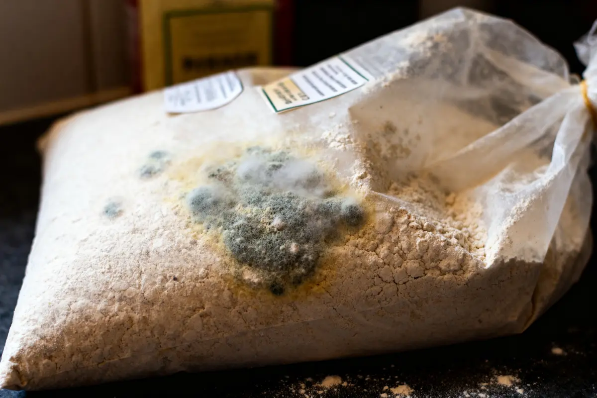 Sac de farine périmée avec moisissure visible à travers l'emballage en plastique transparent