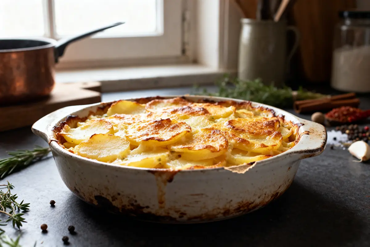 Plat de gratin doré au four, sur une table de cuisine rustique.
