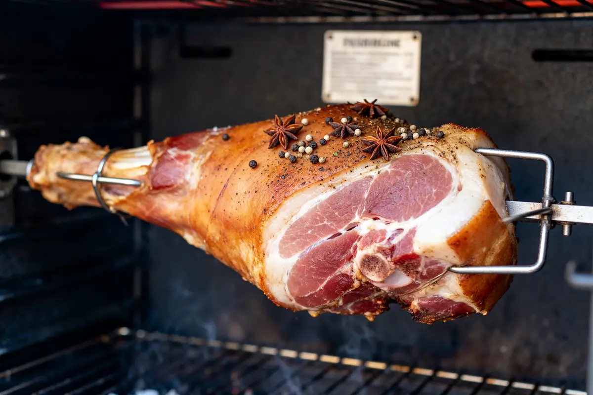 Jambon à la broche avec épices et grains de poivre grillant lentement au four