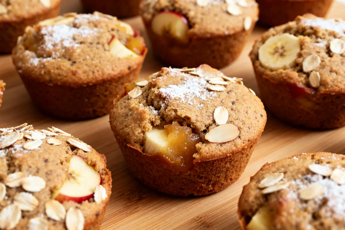 Muffins sans sucre garnis de fruits et d'avoine sur planche en bois