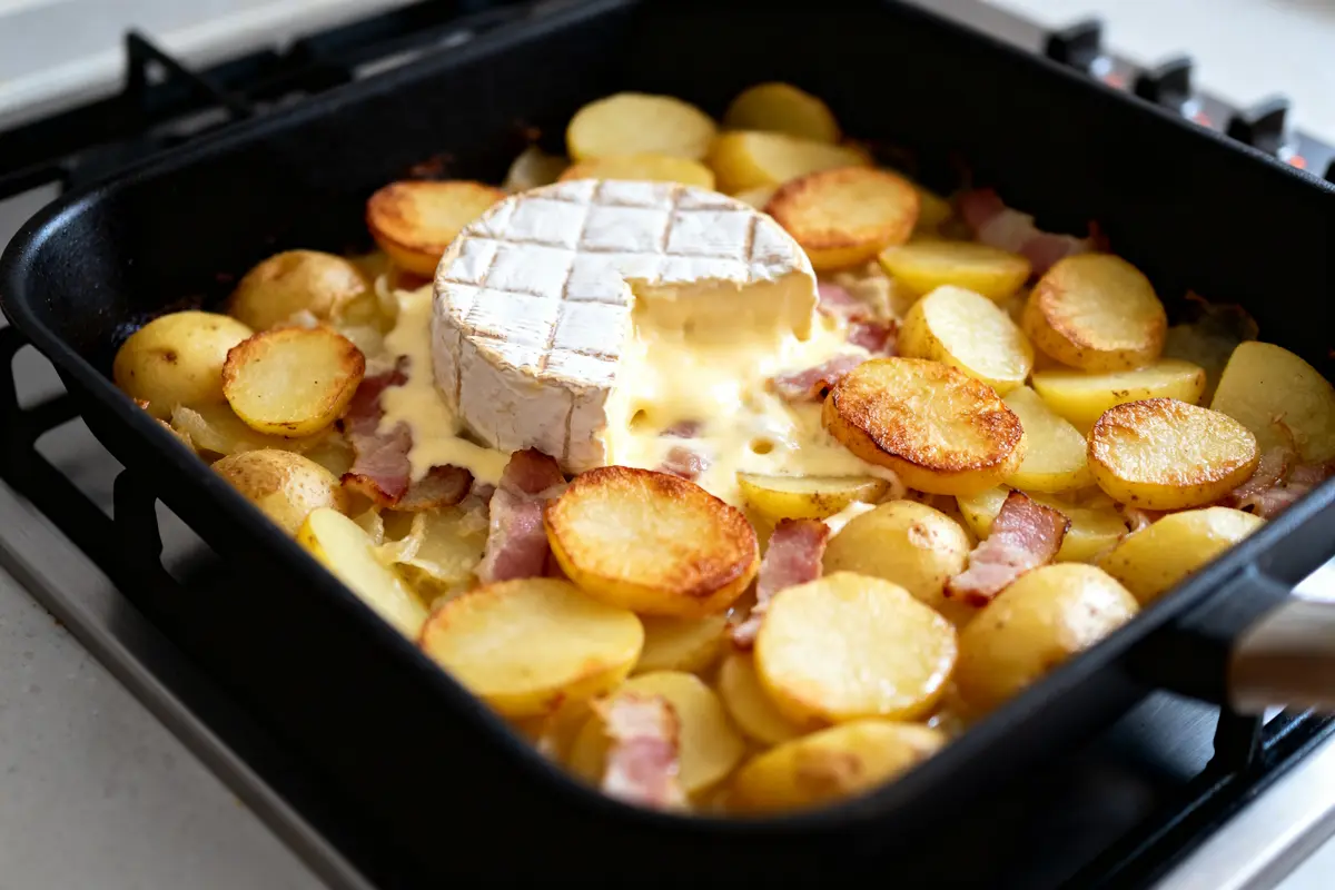 Plat de pommes de terre, bacon et fromage fondant pour recette de grand-mère de tartiflette