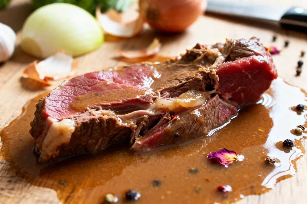 Joue de bœuf entourée d'oignons et condiments pour recette de joue de bœuf sans vin