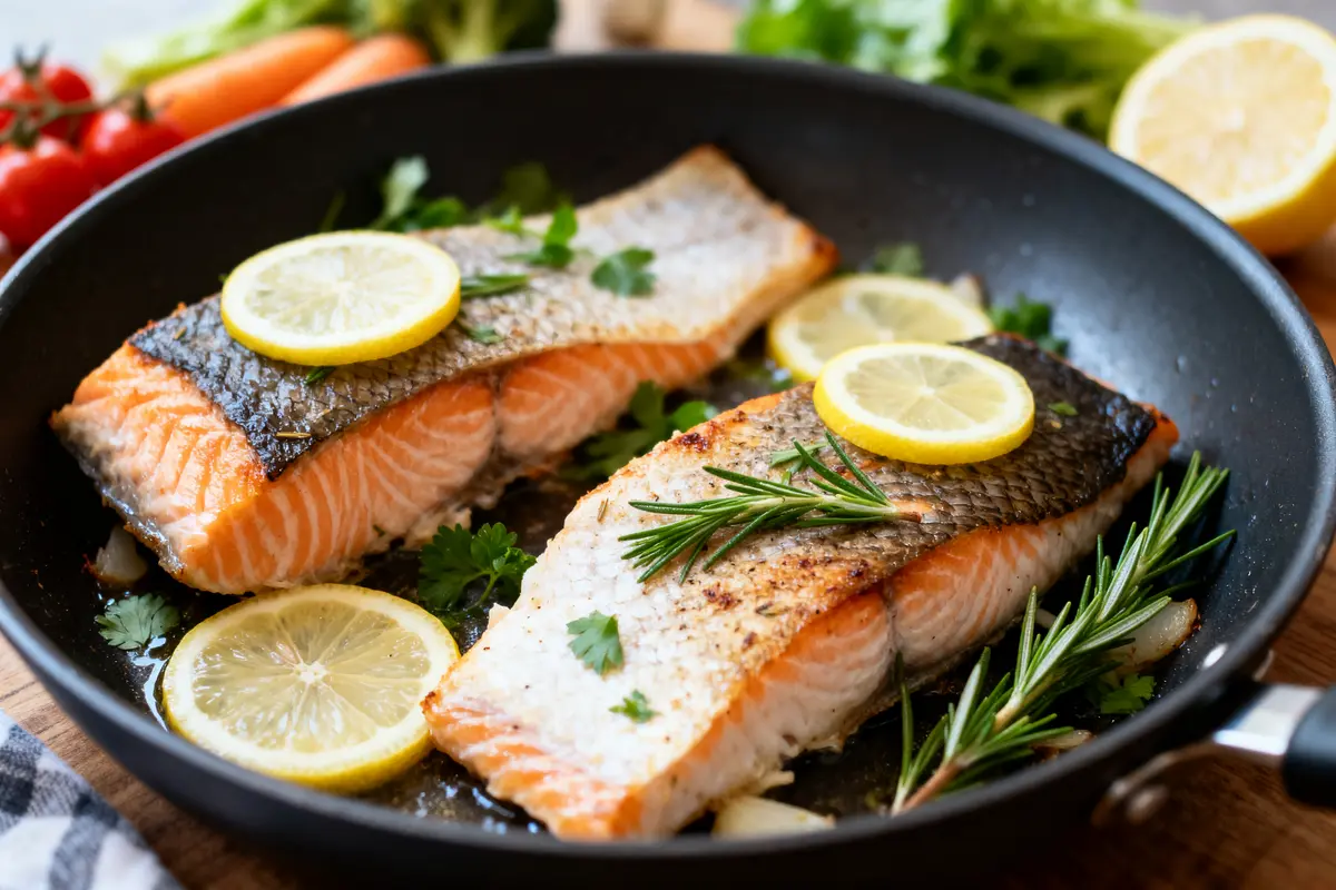 Deux filets de saumon grillés avec citron et herbes, recette de poisson facile.