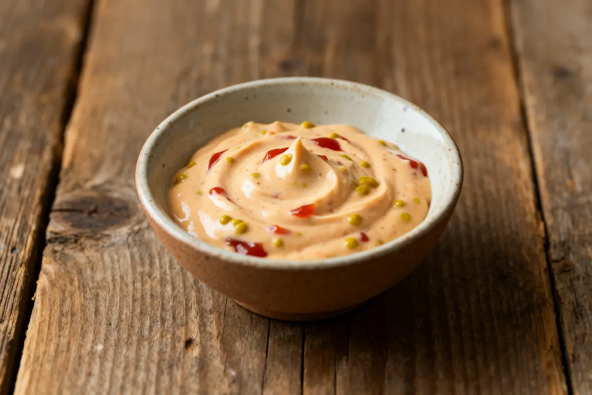 Bol de sauce pomme frite crémeuse avec épices rouges et vertes sur table en bois