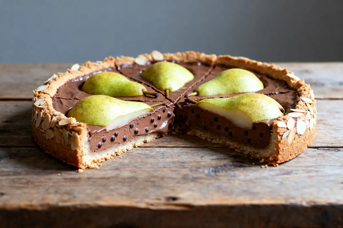 Tranche de tarte poire chocolat Cyril Lignac, avec amandes sur une table rustique