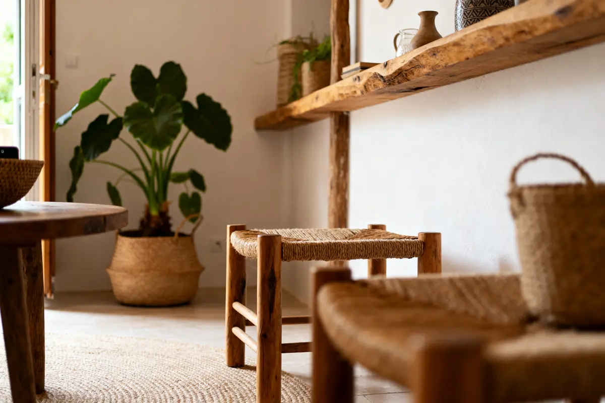 Design intérieur naturel en bois et rotin avec plante sur Beau Beau Blog