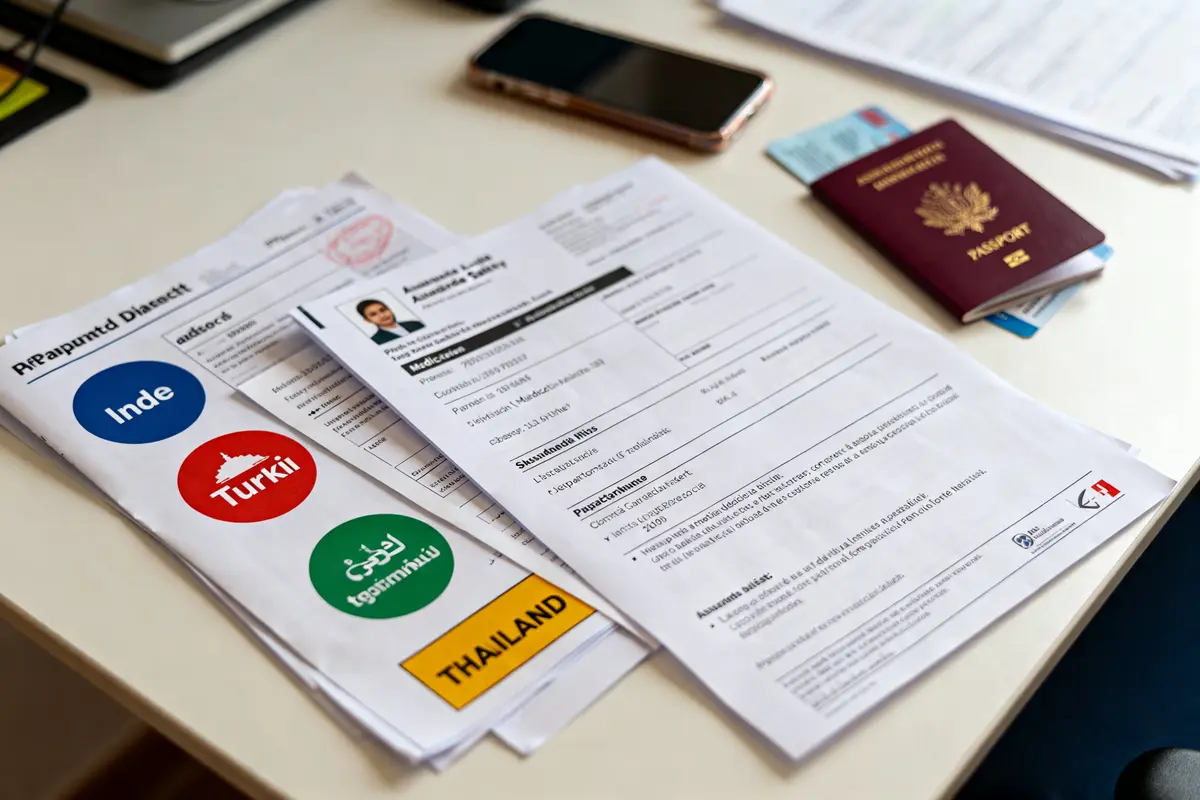 Documents de voyage avec passeport, formulaires et brochures pour Destination Med Visas sur bureau