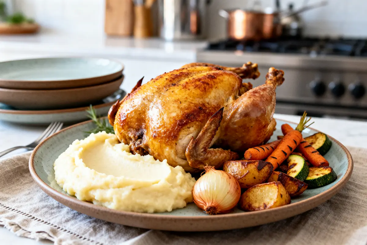 Poulet rôti avec purée de pommes de terre et légumes grillés comme accompagnement.