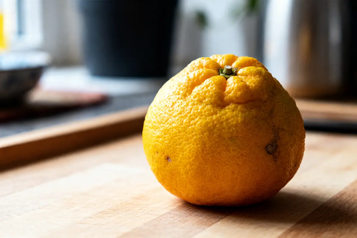 Gros plan d'un yuzu, fruit en y, sur une planche en bois.