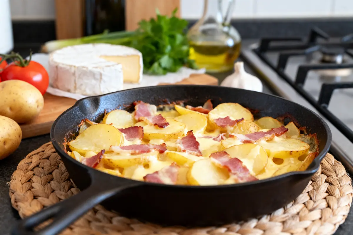 Poêle de tartiflette selon une recette de grand-mère avec pommes de terre et lardons