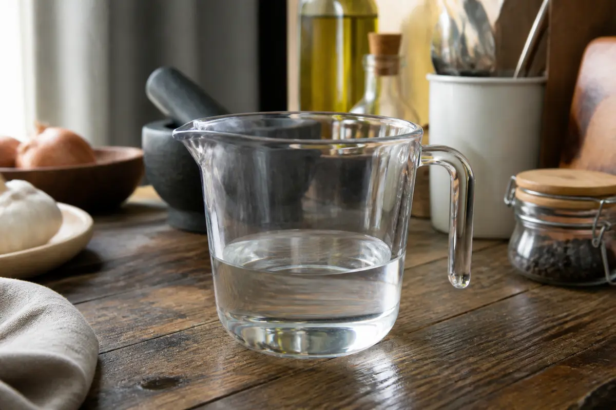 Verre doseur en cuisine contenant 200 ml d'eau, sur table en bois clair.